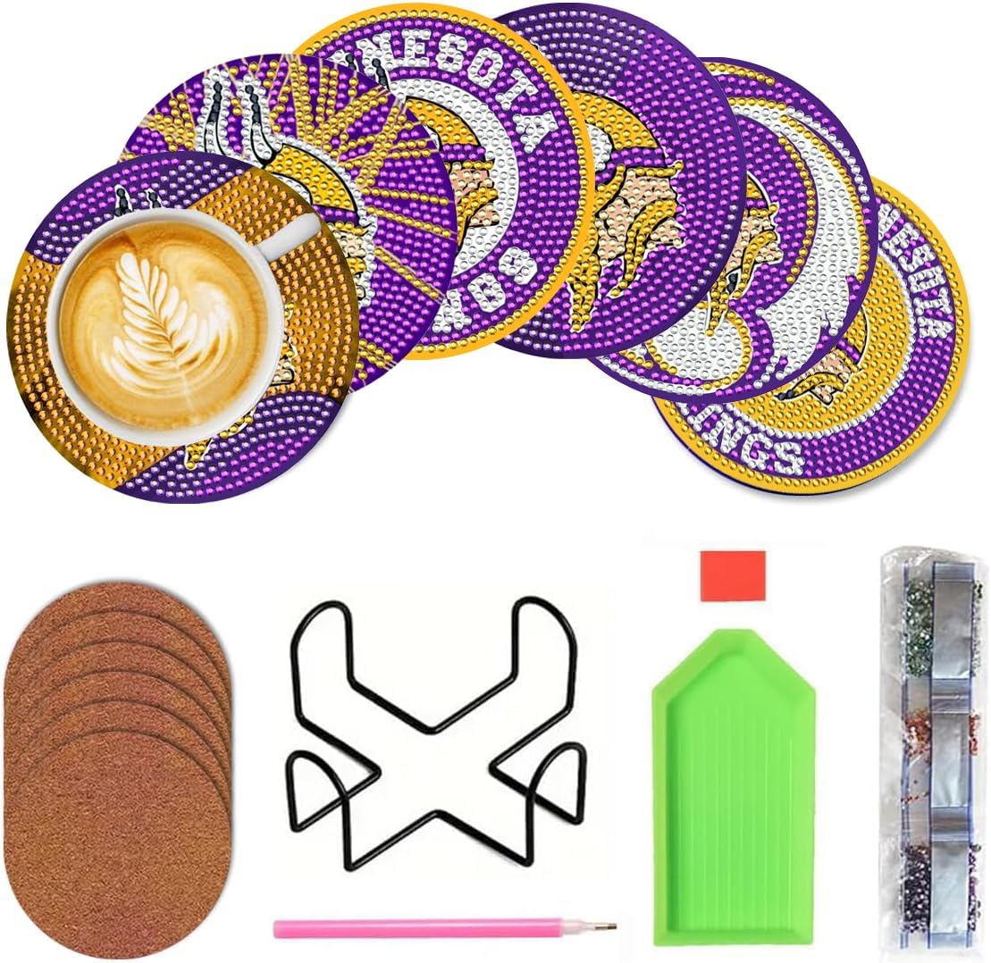 6 PCS DIY Diamond Art Painting Football Coasters Kits with Holder for Adults Beginners