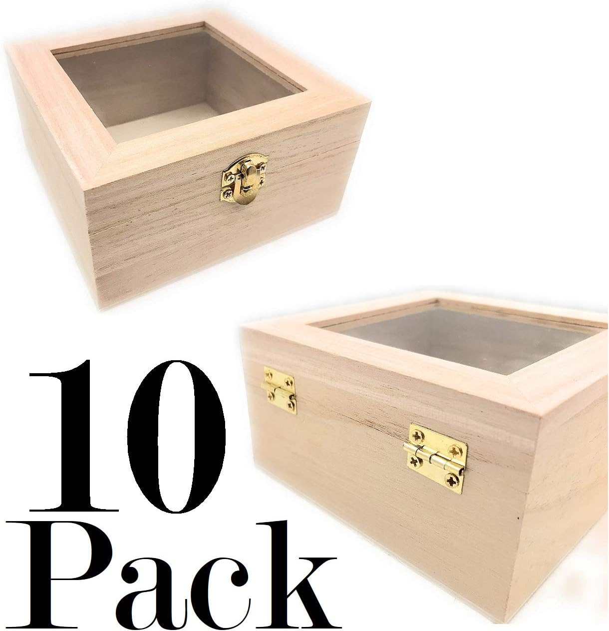 10 pc Set Unfinished Wood Craft Box with Window for Arts, Crafts and Birthday Party Favor DIY