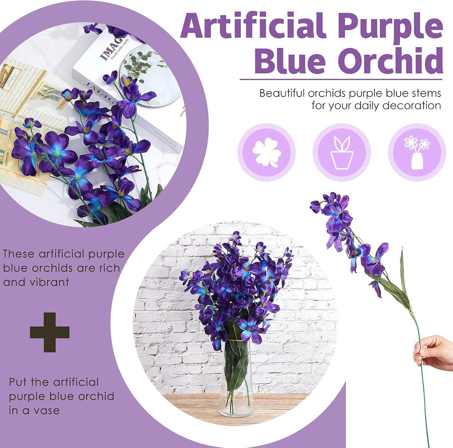 8 Pieces 27 Inches Artificial Purple Blue Orchid Faux Flowers Purple Orchids Silk Flowers for Wedding Dinning Home Restaurant Decoration Bridal Bouquet Corsage Boutonniere Wreath Decor