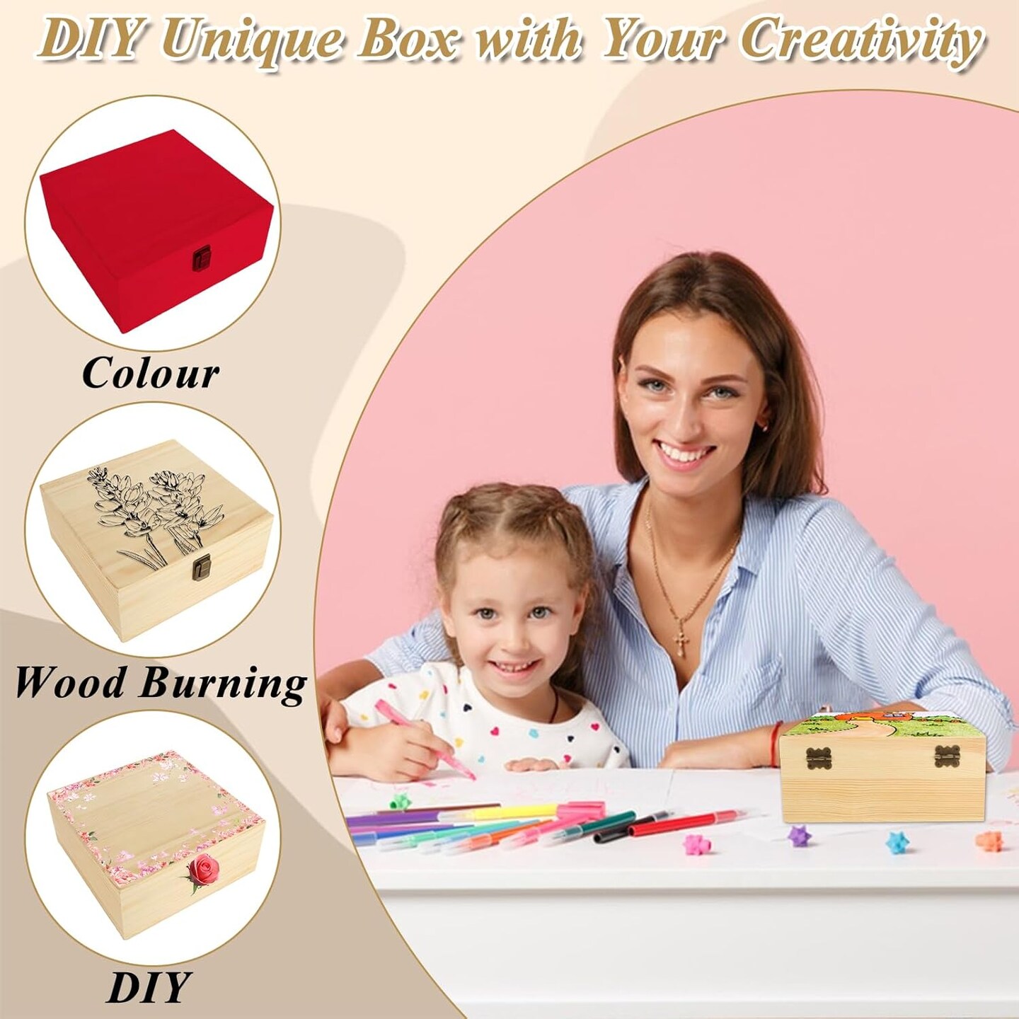 2Pcs Large Wooden Box, 12.6&#x22; x 8&#x22; x 3.1&#x22; Unfinished Wooden Box with Hinged Lid, Reusable Wood Boxes for Crafts,Gift, Home Storage, DIY Keepsake Box