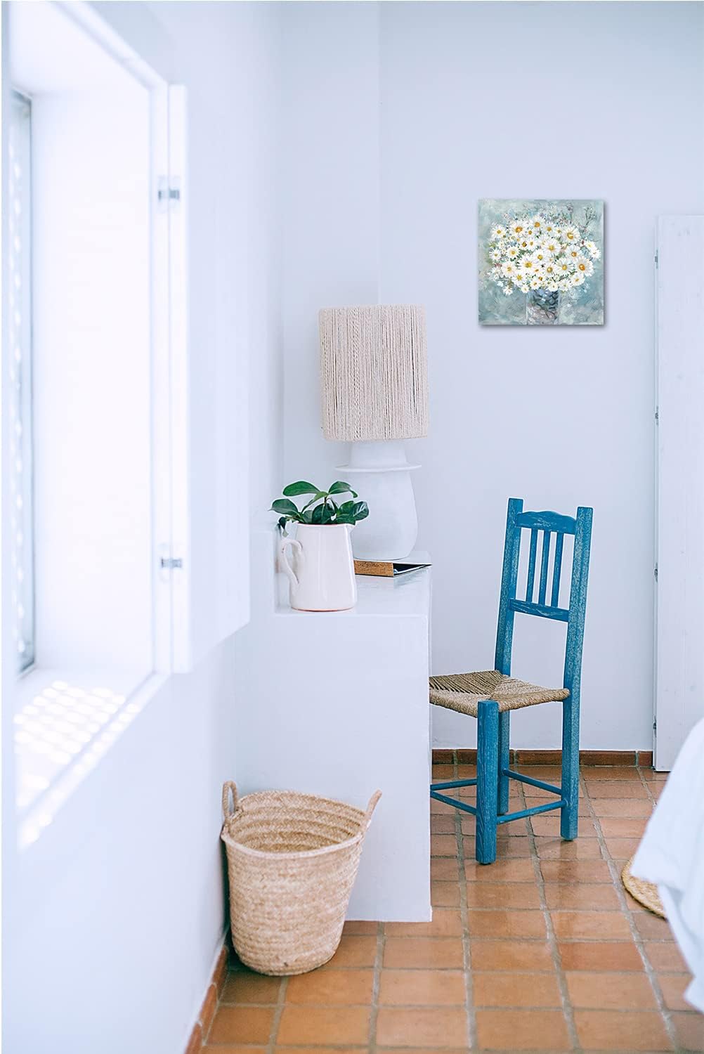 Flowers Bathroom Wall Decor Floral Canvas Wall Art White Daisy in Vase Light Blue Background Modern Gallery Prints Pictures Ready to Hang 12 x 12 Inch