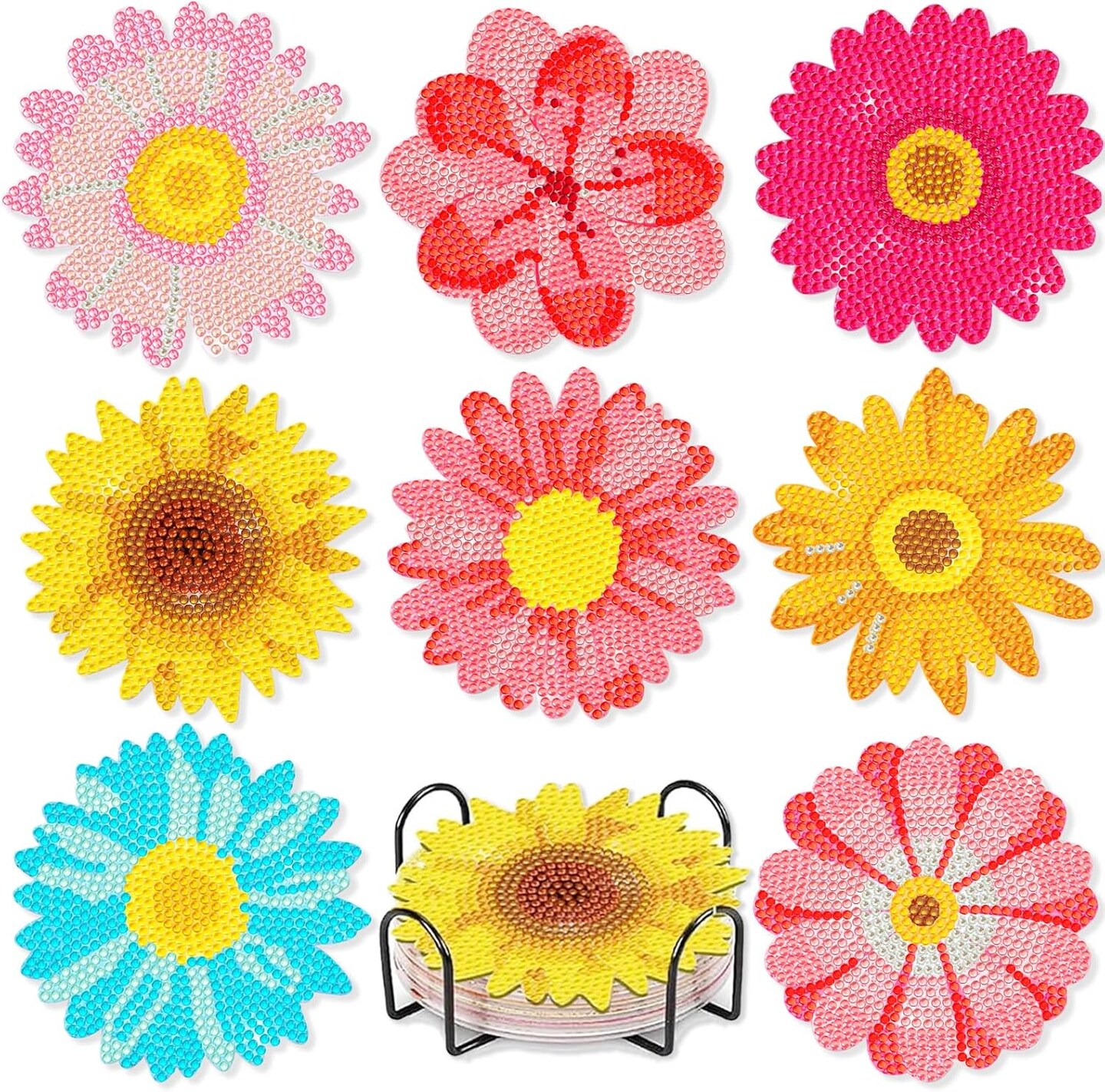 8PCS Flower Diamond Art Coasters – Small DIY Diamond Painting Kits for Adults, Beginners & Women, with Holder, Gems, and Fun Home Decor