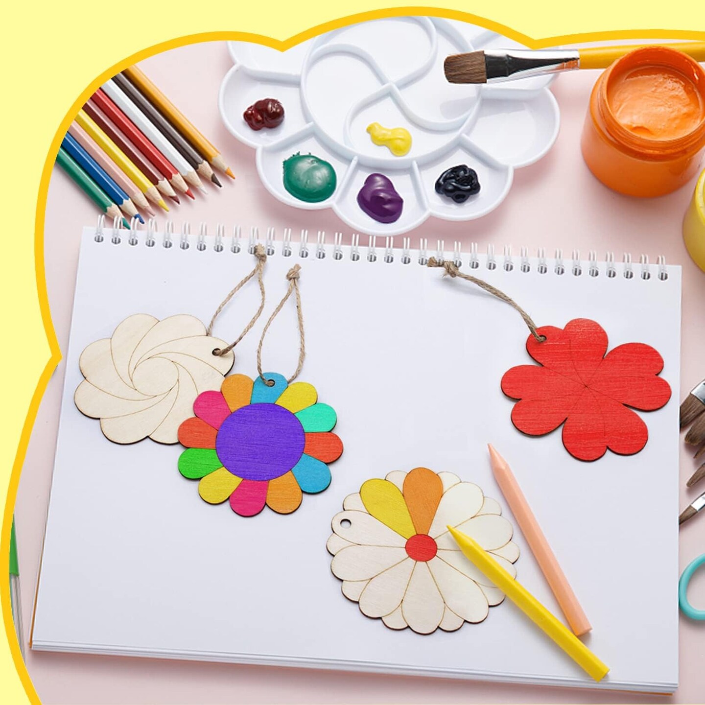30 Pieces Flowers Wood Cutouts Floral Wooden Slices 3 inch Unfinished Blank Wood Ornaments Flower Embellishments for Painting DIY Projects Decoration(6 Flower Styles with 30 Hanging Strings)