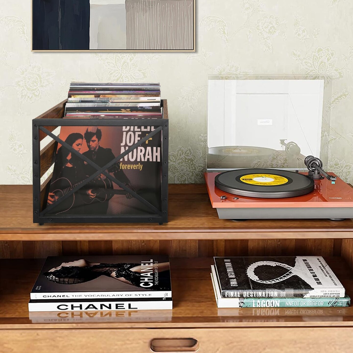Vinyl Record Storage, Large LP Vinyl Record Storage Crate, Metal &#x26; Wooden Vinyl Record Album Holder, Cube Record Organizer Box, Holds up to 80+ Records