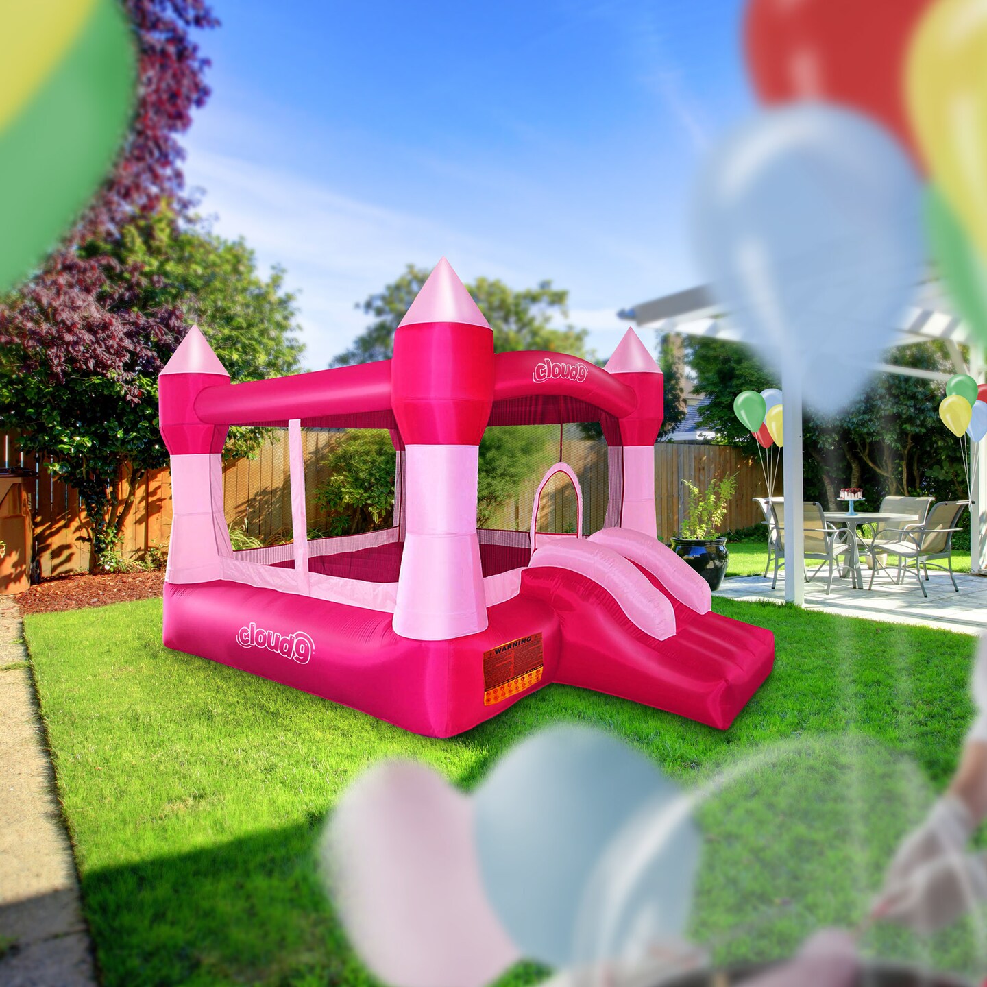 Cloud 9 Princess Bounce House, Pink Castle Inflatable Bouncer for Kids without Blower, Includes Stakes and Repair Patches