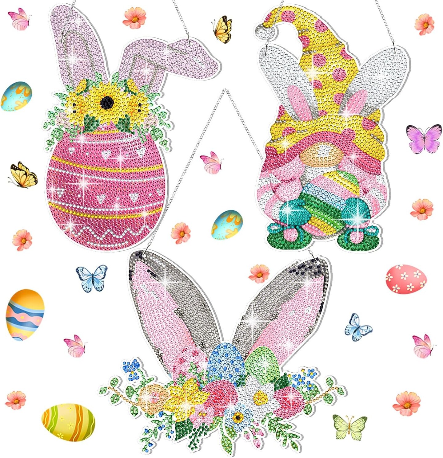 3-Set Easter Diamond Painting Hanging Sign – 5D DIY Bunny, Gnome & Egg Crystal Art Kits for Windows, Doors, and Garden Decor