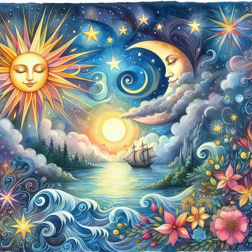 Sun and Moon Face Diamond Painting Kits for Adults, 5D DIY