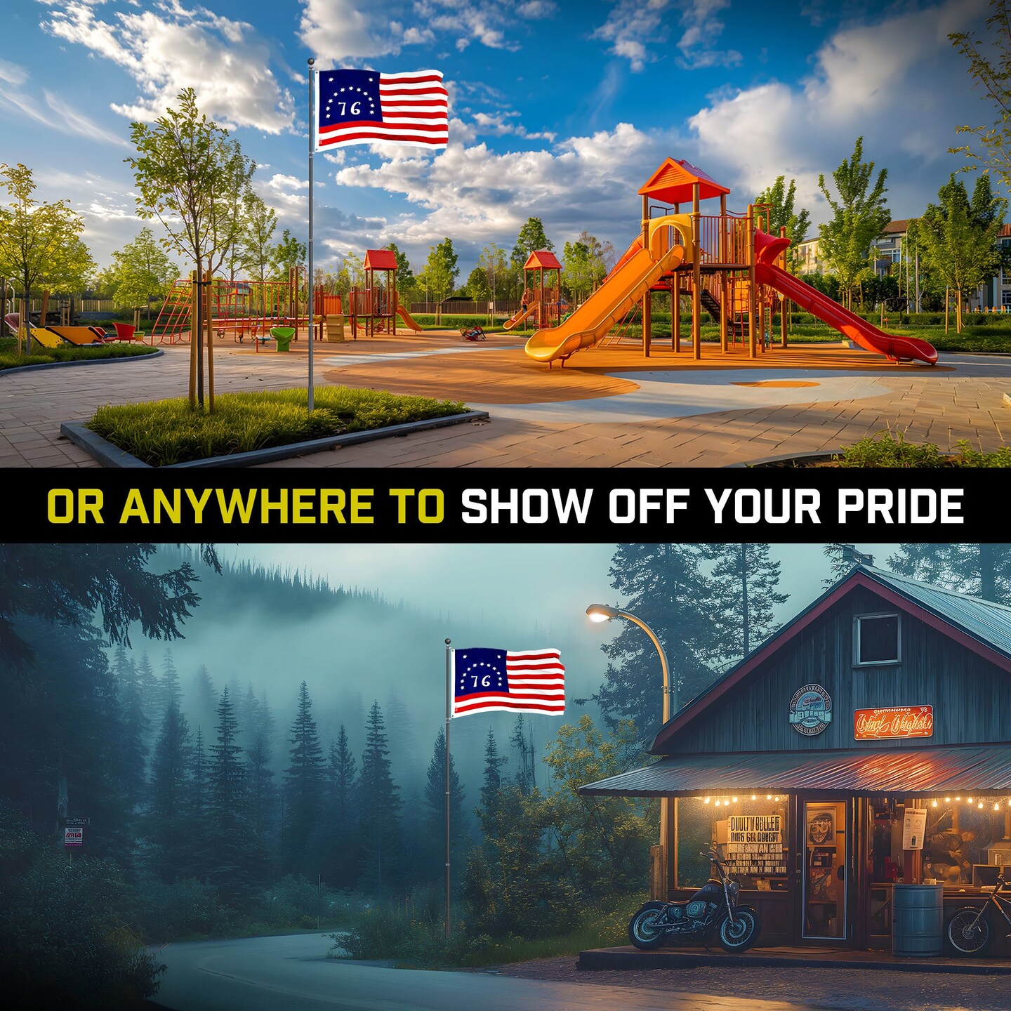 G128 Combo Pack: 16 Ft Telescoping Aluminum Flagpole (Black) & Bennington 76 Flag 3x5 Ft, ToughWeave Series Embroidered 300D Polyester | Pole with Flag Included