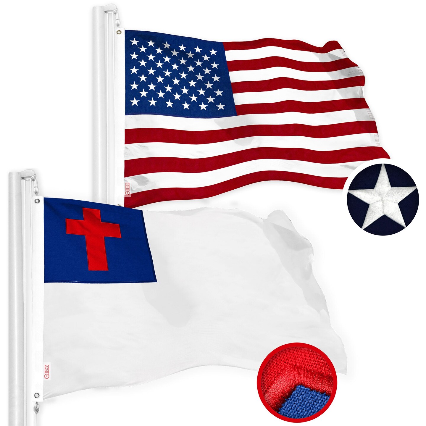 G128 Combo Pack: American USA Flag 2.5x4 Ft &#x26; Christian Flag 2.5x4 Ft, Both Embroidered SPUN Polyester, Indoor/Outdoor, Brass Grommets