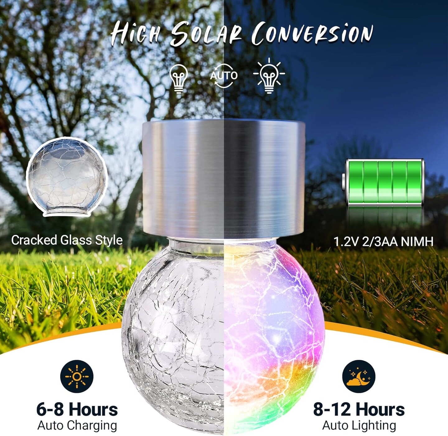 8 Pack Solar Hanging Lights, Christmas Decoration Lights with Multi-Color Changing Cracked Glass Hanging Ball Solar Outdoor Lights Waterproof Solar Lanterns for Garden, Yard, Patio, Lawn