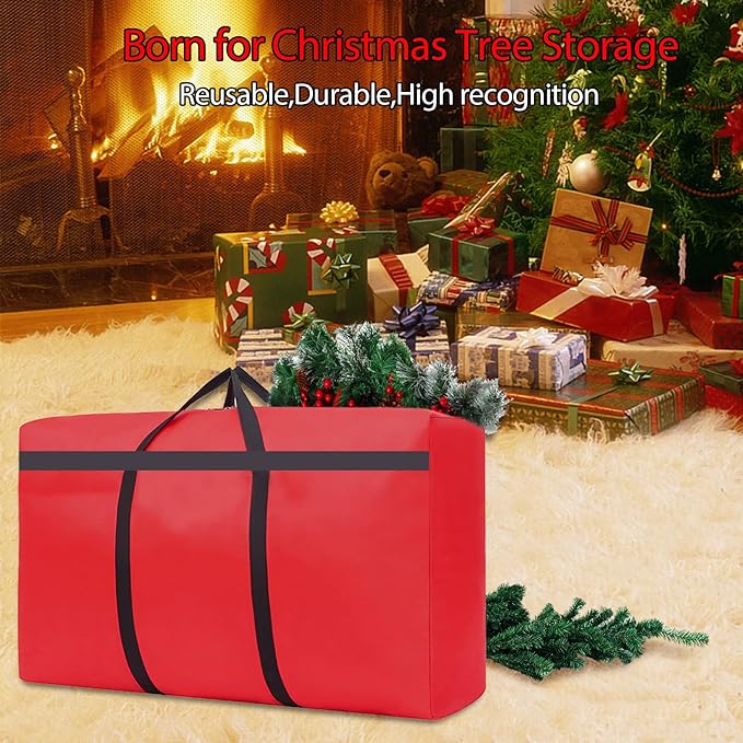 Small Christmas Tree Storage Bag 4Ft/5Ft Heavy Duty Reusable 600D Oxford Fabric Waterproof Dustproof Xmas Tree Bag/Container/Holder for Short Artificial Christmas Tree(39&#x22; X 12&#x22; X 24&#x22;) Red