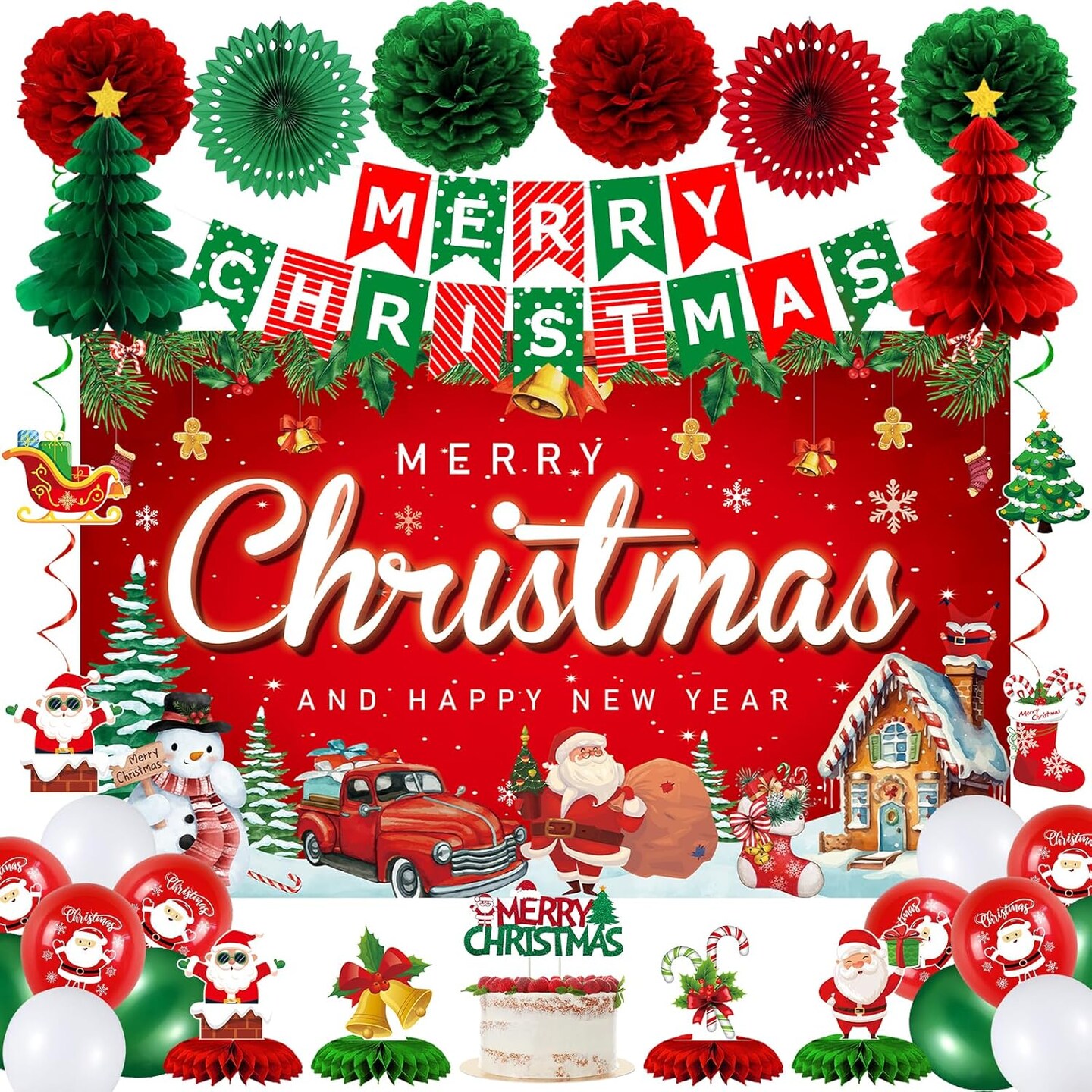 Vlipoean Red Christmas Party Decorations, 40PCS Merry Christmas Birthday Party Supplies with Christmas Backdrop Banner, Cute Honeycomb, Hanging Swirl, Christmas Background for Xmas Eve Happy New Year