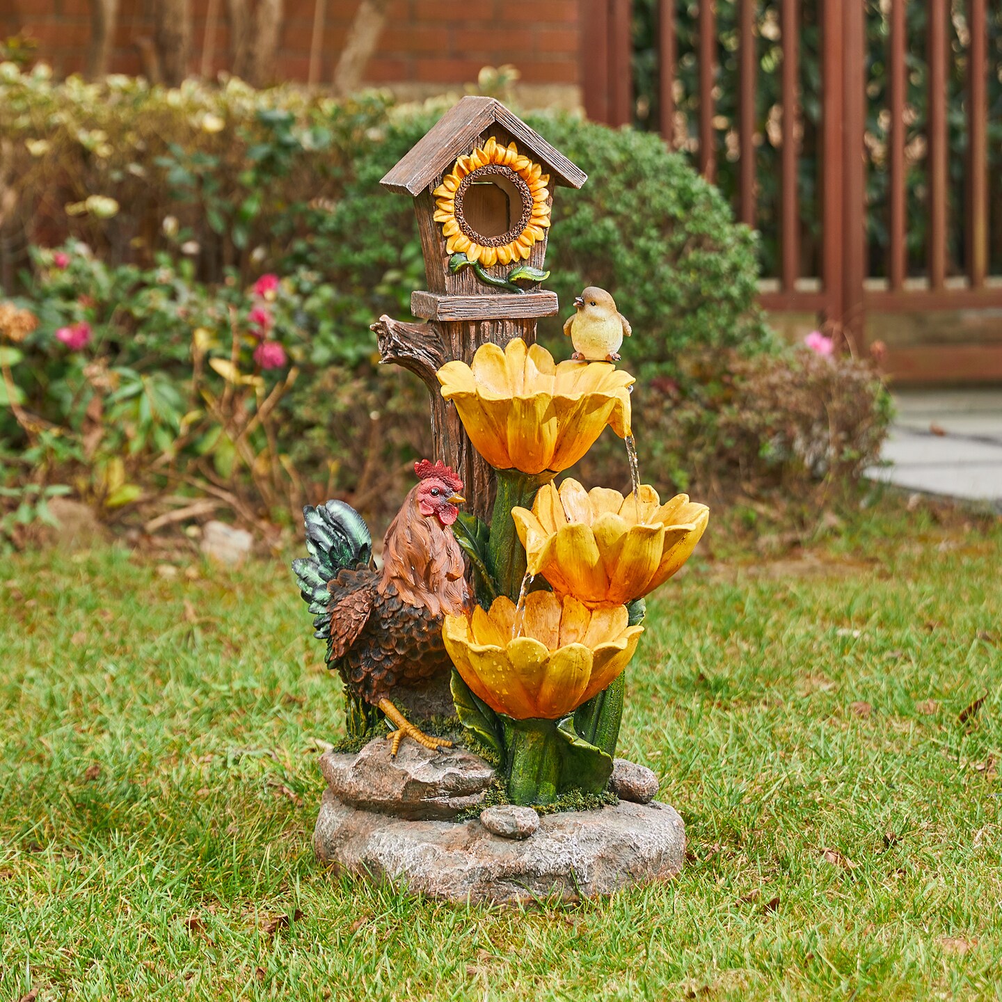 28.5&#x27;&#x27;H Farmhouse Sunflowers and Birdhouse Polyresin Outdoor Fountain with Pump and LED Light