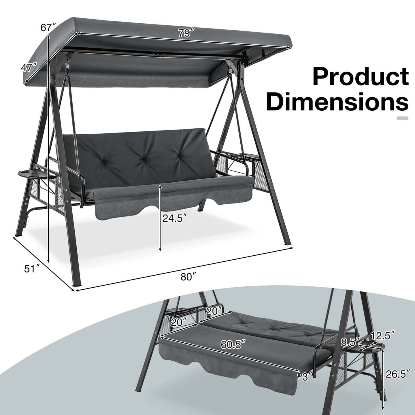 Costway 3-Seat Patio Porch Swing withAdjustable Canopy Soft Seat Back Cushions Side Tables Brown/Grey