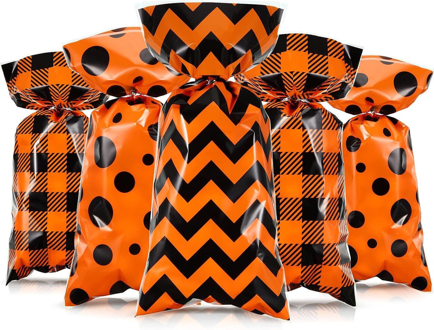 120 Pieces Halloween Cellophane Candy Bags Buffalo Polka Dot Stripes Prints Plastic Goodie Treat Favor Bags with 200 Twist Ties for Winter Holiday Birthday Baby Shower Party Supplies