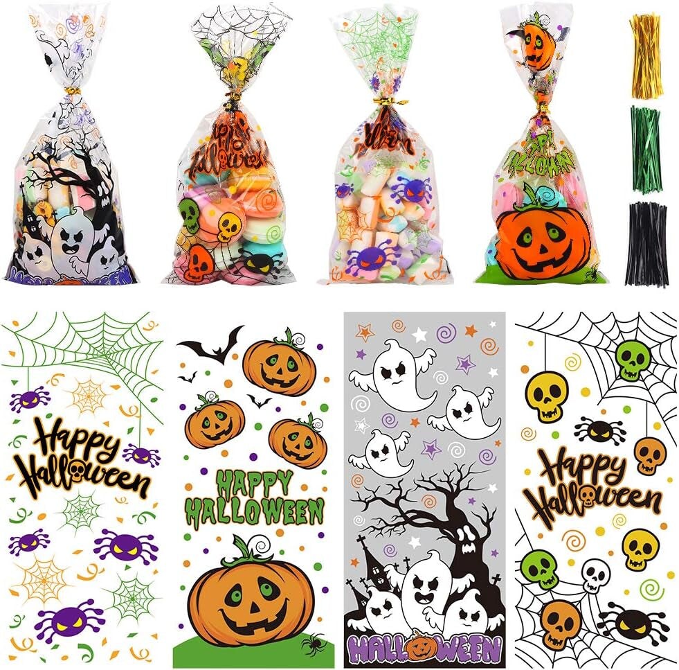 Halloween Cellophane Bags,200Pcs Clear Candy Cookie Treat Bags with 400 Piece Twist Ties for Halloween Party Favor Supplies