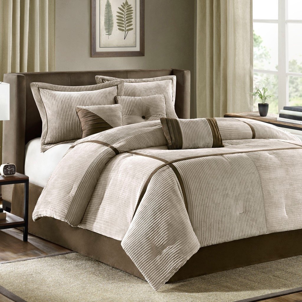Gracie Mills Barlow 7-Piece Comforter Set Taupe Chocolate Brown Grace-3212 Micro Corduroy