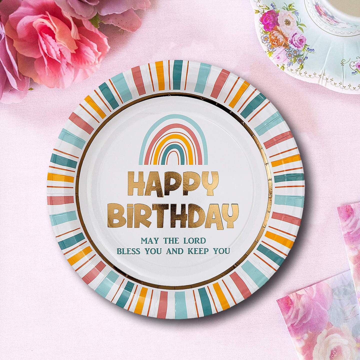 8 Count Religious Happy Birthday Rainbow Paper Dinner Plates 9.5" Faith-Inspired Disposable Plates