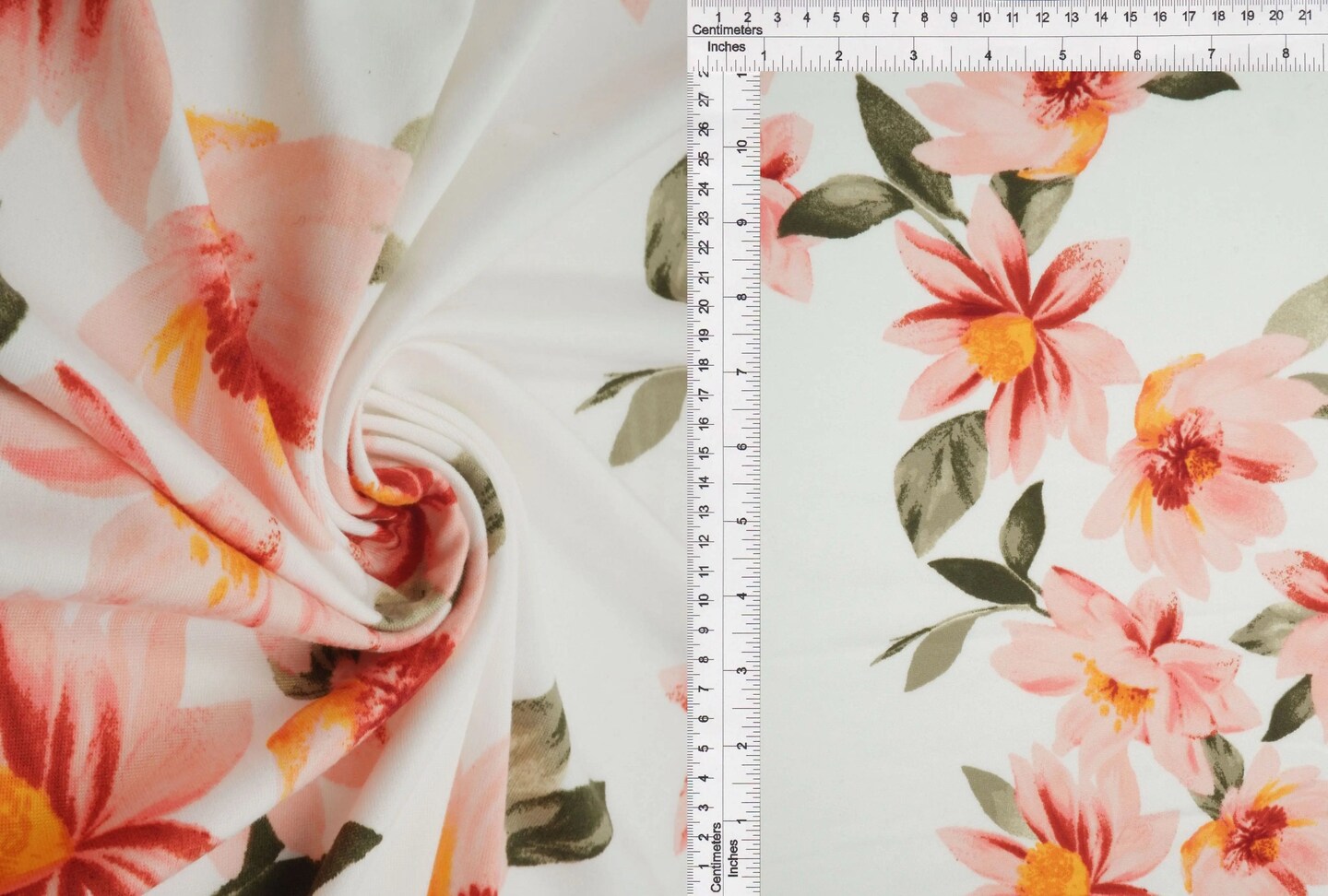 1 Yard Brushed DTY Floral Print Knit Fabric 58/60″ Wide Polyester Spandex Blend Ivory/Coral