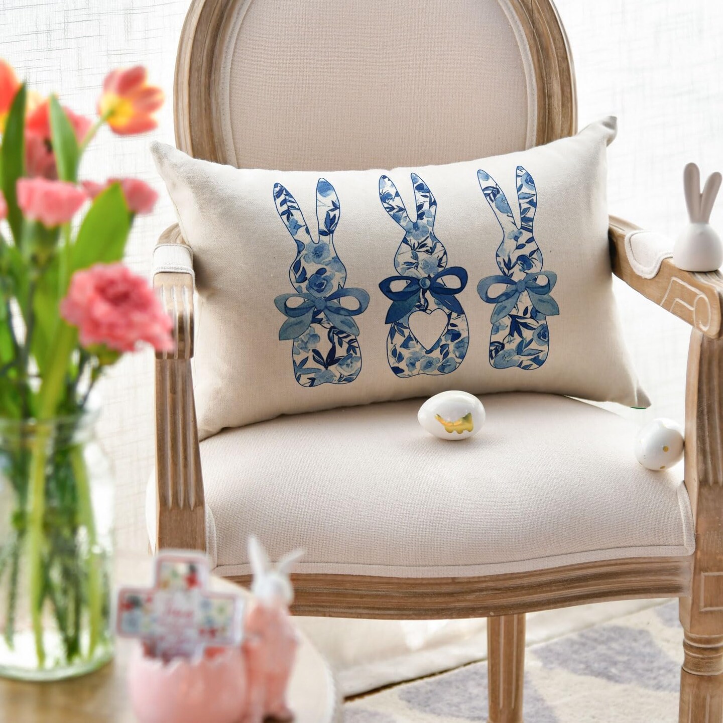 Easter Blue and White Porcelain Color Bunny Throw Pillow Cover, 12 x 20 Inch Flowers Cushion Case Decoration for Sofa Couch