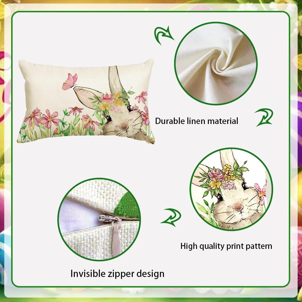 Happy Easter Pillow Covers 12x20in Lovely Double - Sided HD Print Cover Easter Bunny Spring Pillow Covers Case for Indoor Sofa Easter Decorations