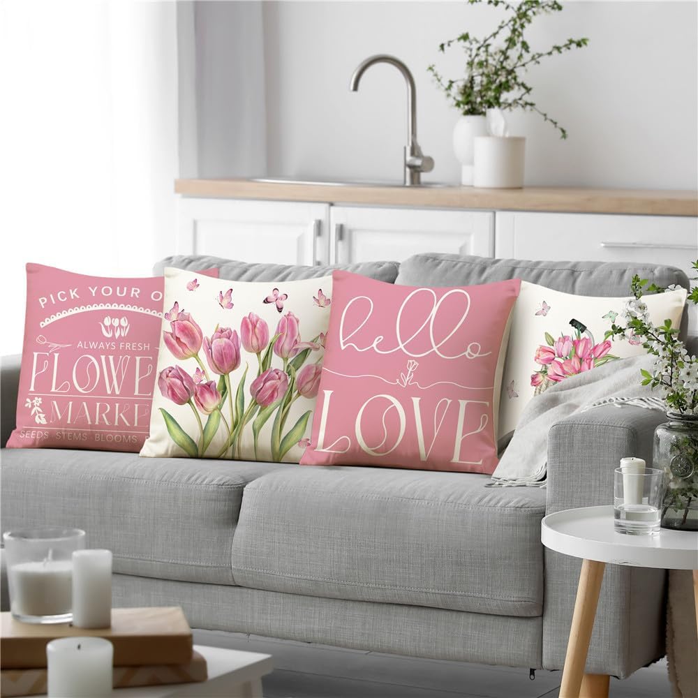 Spring Decorations Pink Tulip Spring Pillow Covers 18x18 Set of 4 Butterfly Flowers Bicycle Throw Pillow Case Hello Love Flowers Market Farmhouse Cushion Cover for Home Sofa Couch