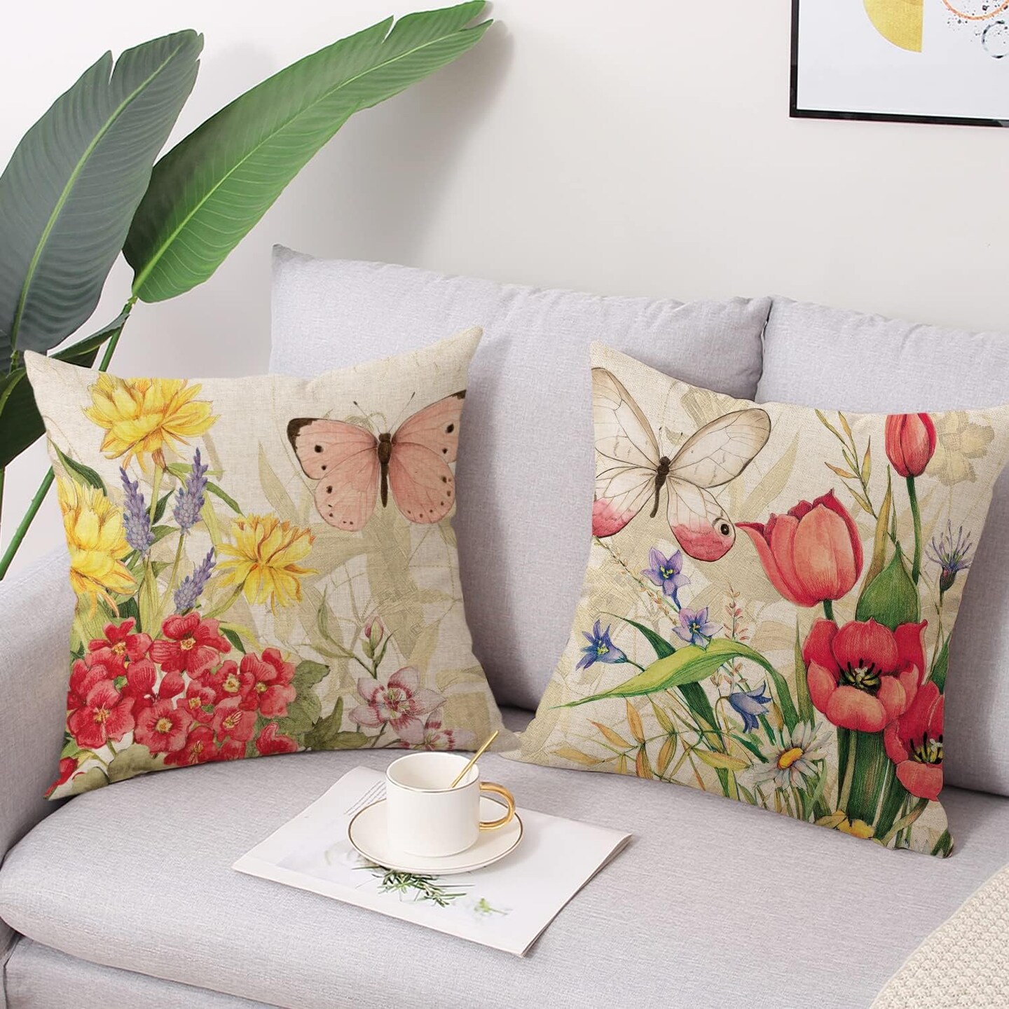 Throw Pillow Covers 16x16 Set of 4 Decorative Spring Pillow Covers Linen Flower Butterfly Farmhouse Pillowcases for Sofa Couch Living Room Outdoor (16&#x22; x 16&#x22;)