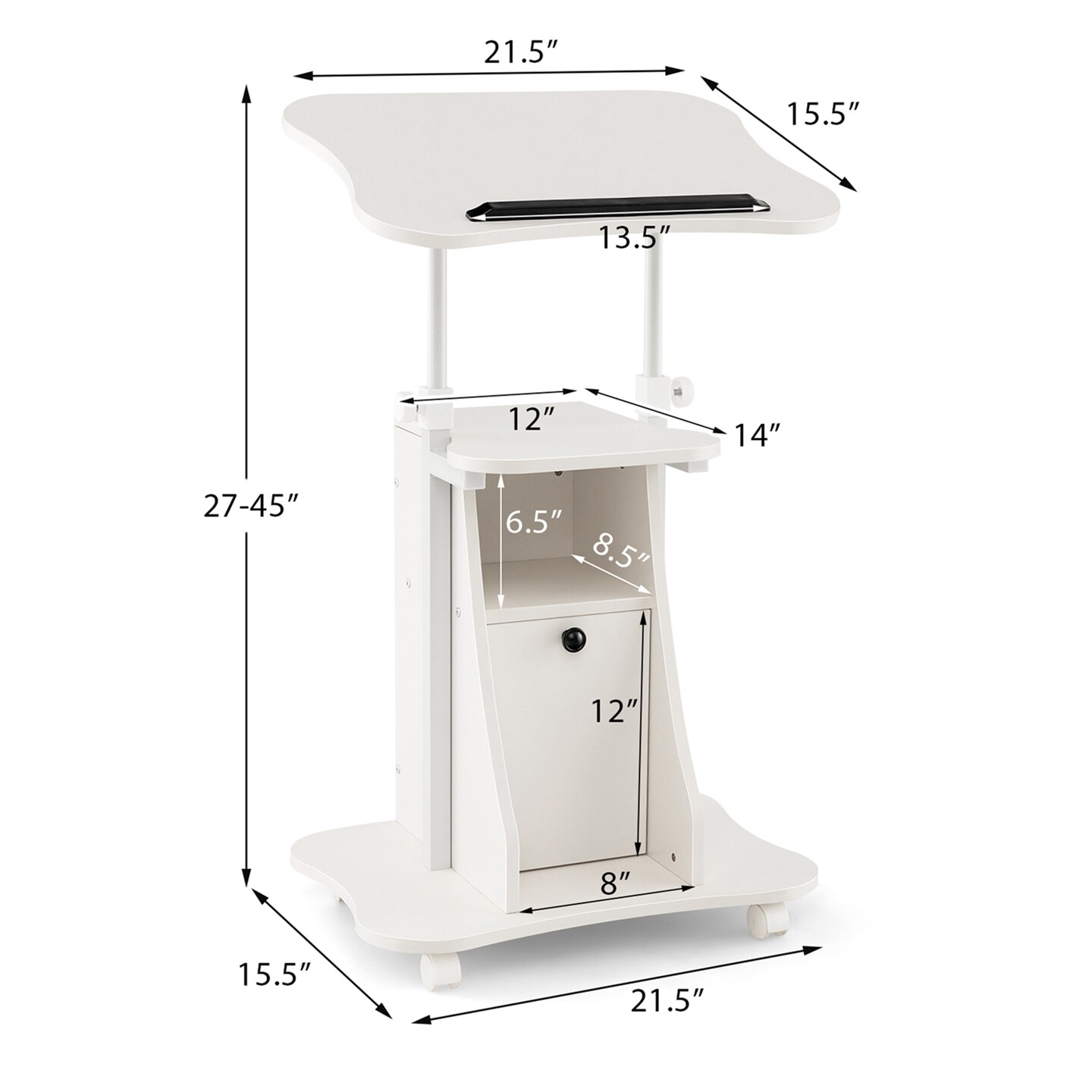 Costway 2 PCS Mobile Podium Stand Office Laptop Cart with Storage Adjustable Height White/Black