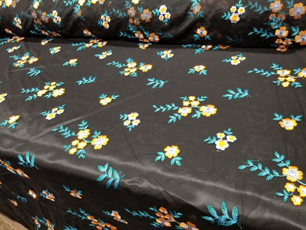 1 Yard Orange Blue Floral Embroidered Black Mesh Lace for Gowns Dresses Decor 50/54 Inch