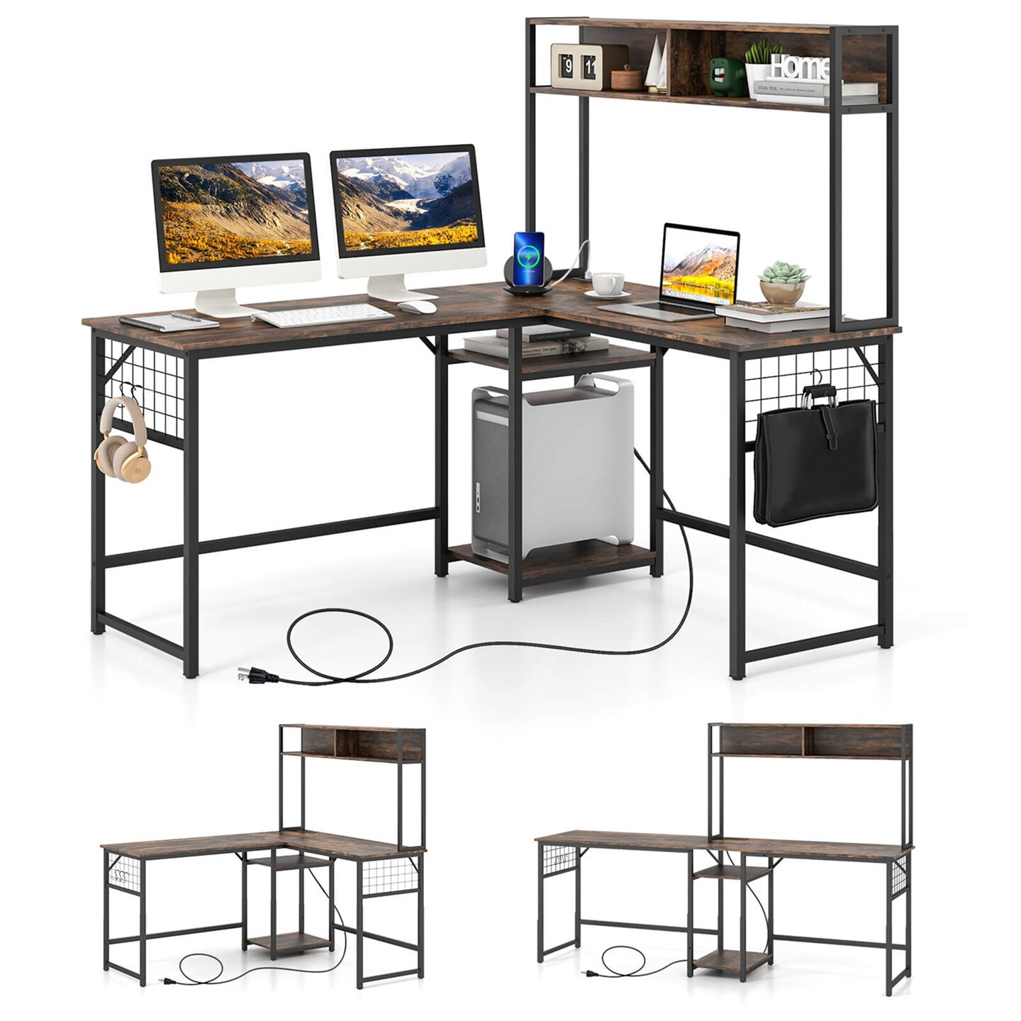 Costway L-shaped Desk with Power Outlet Large Corner Desk Converts to 2-Person Long Desk Rustic Brown/Black