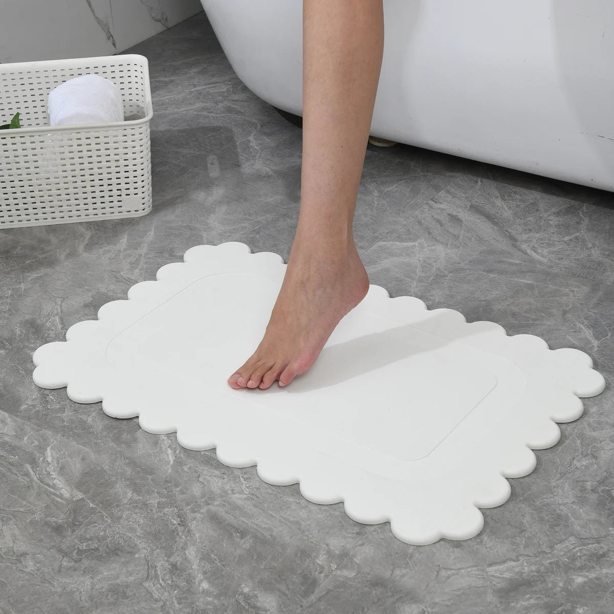 Off White Scallop Stone Bath Mat - Dimensions: 24&#x22;x15&#x22;
