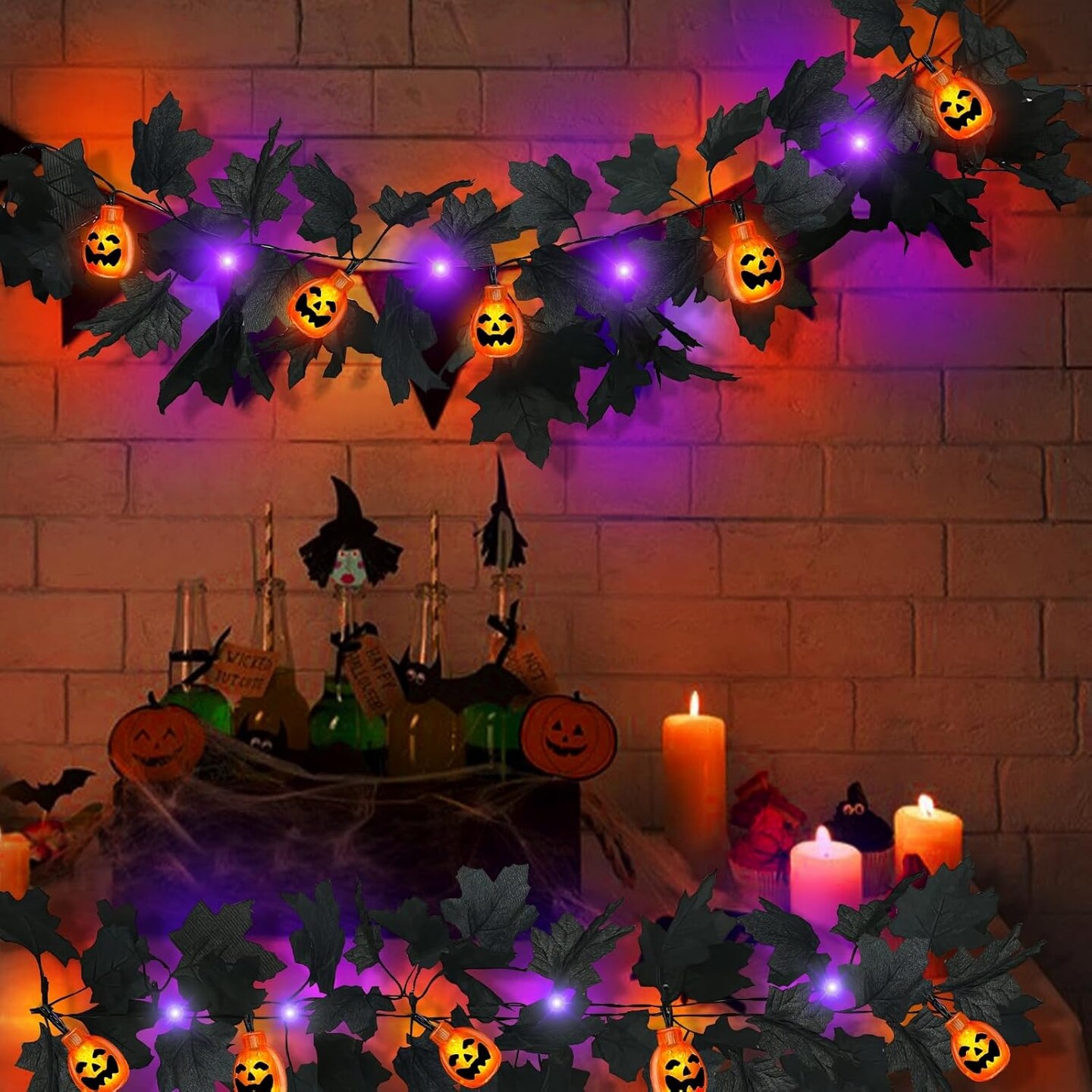 [ Timer &#x26; 2 Pack ] Black Halloween Garland with Purple &#x26; Orange Lights 3D Pumpkin Lantern Halloween Decor Total 13Ft 40LED Large Small Black Maple Leaf Light Artificial Garland Home Indoor Fireplace