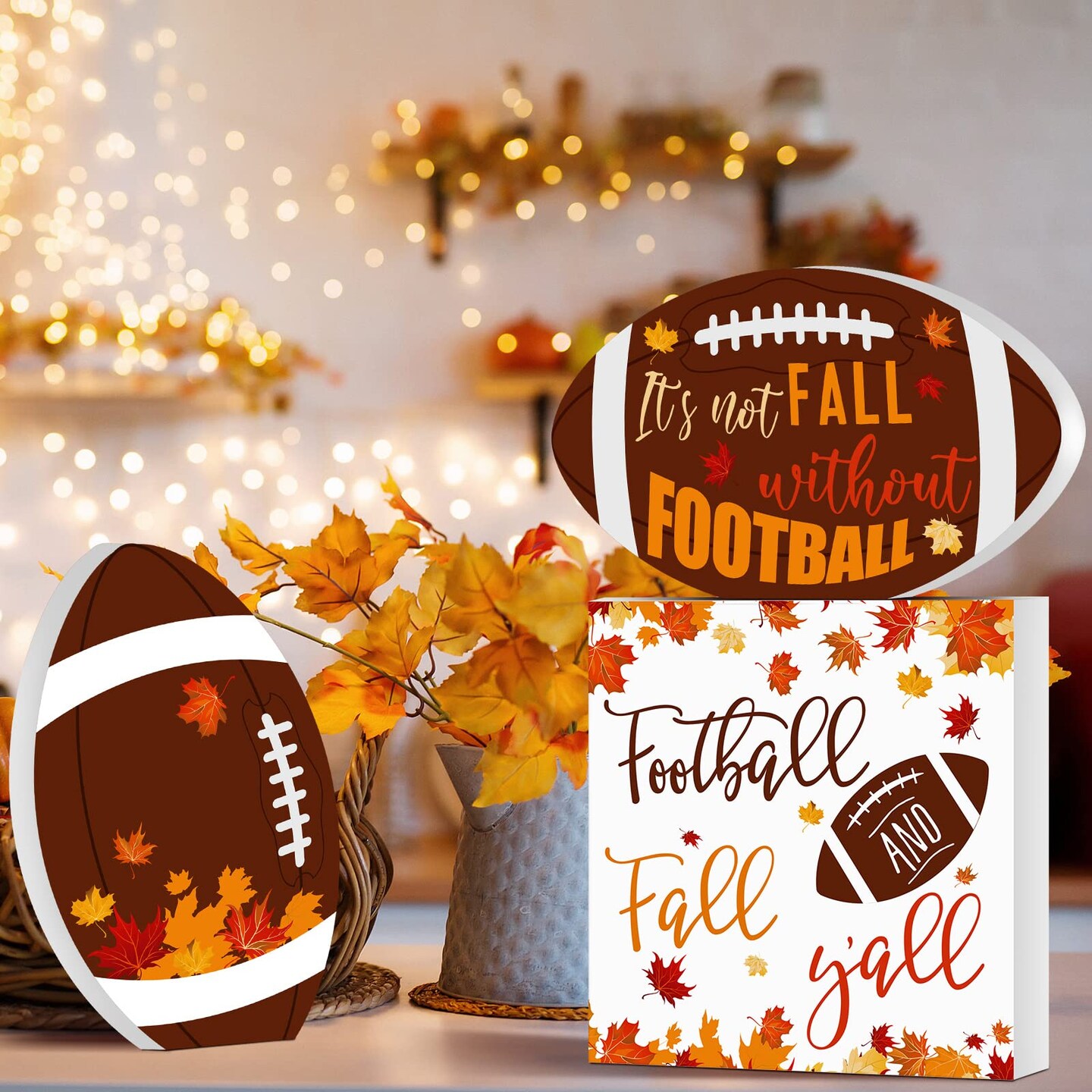 3 Pieces Fall Decor Football Decor Thanksgiving Fall Tiered Tray Decor Orange Maple Wooden Table Centerpieces Farmhouse Rustic Decor Decorative Table Decorations for Autumn Harvest Table Shelf (Classic)