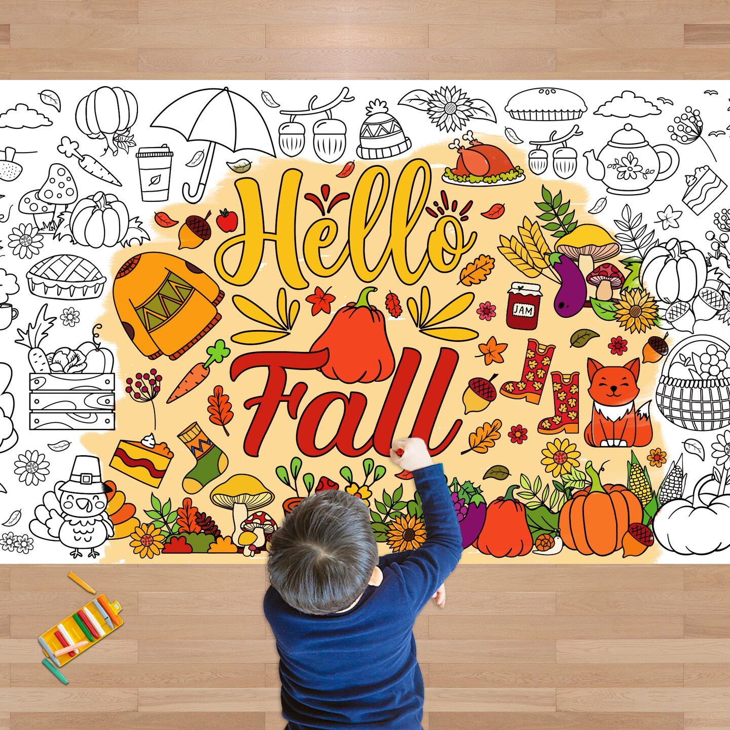 Fall Giant Coloring Poster/Tablecloth - Fall Decorations for Home - 30 x 72 Inches Jumbo Coloring Banner Kids Crafts Activities Decor Party Decorations