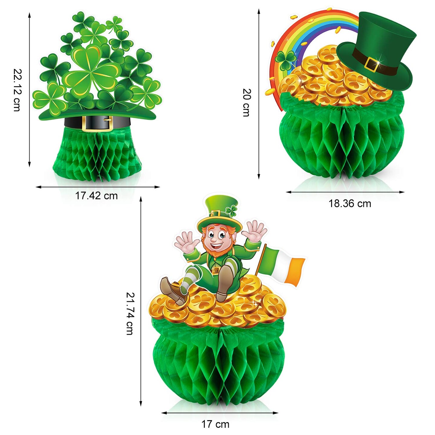 3 Pieces St Patrick Honeycomb Decoration, Cute Pot-O-Gold Centerpiece Shamrock Leprechaun Tissue Irish Clover Paper Table Topper for Saint Patrick Party Accessory 7.87-8.6 inch