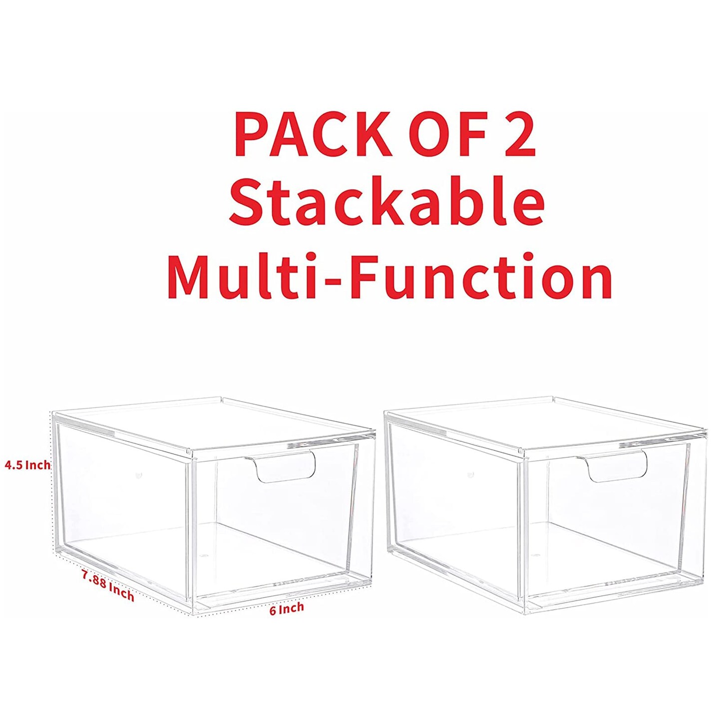 2 Pieces Stackable Makeup Organizer Storage Drawers 4.5'' Tall Acrylic Cosmetic Display Case Clear Bathroom Plastic Storage Bins For Vanity,Under Cabinets,Pantry Organization and Storage