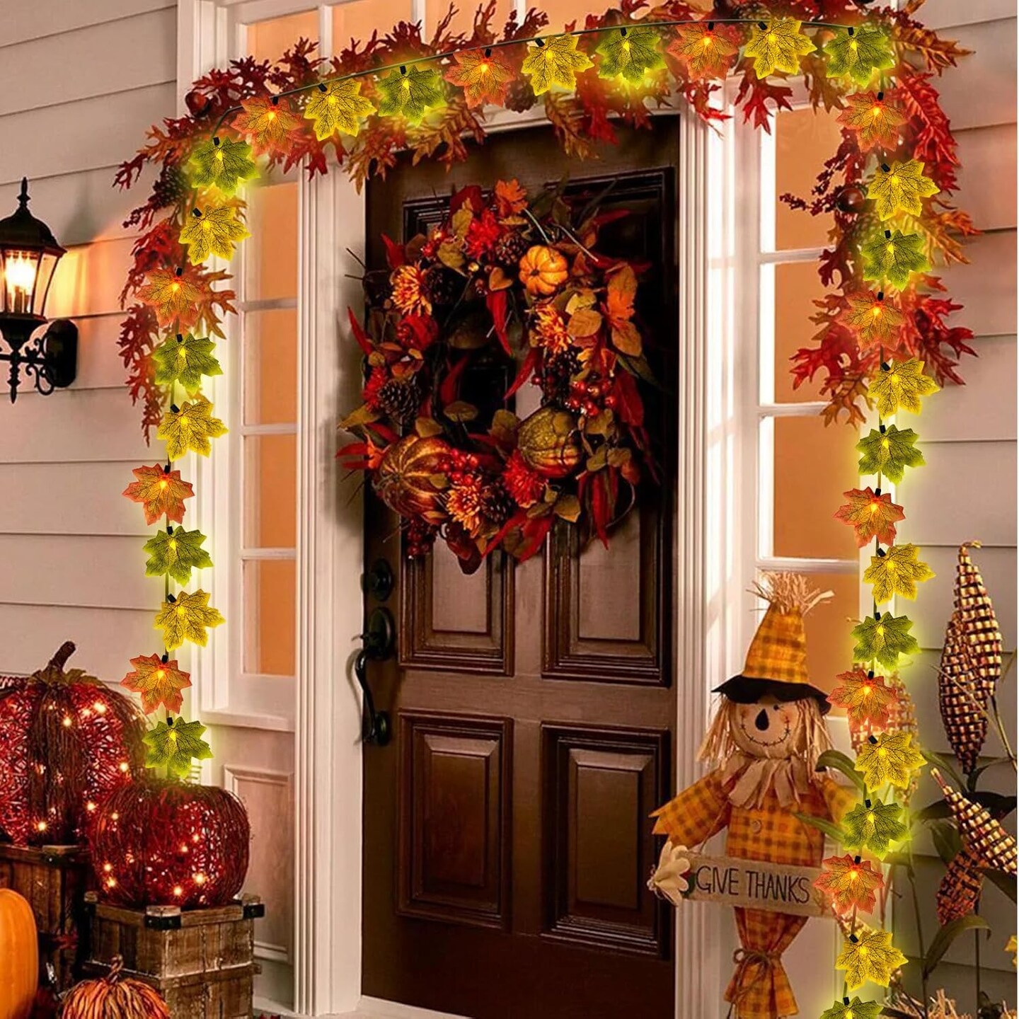 13.6Ft LED Thanksgiving Decorations Lights with 35 Maple Leaves Lights, Plug in Fall Leaf Garland Lights for Indoor Outdoor Halloween Fall Party Home