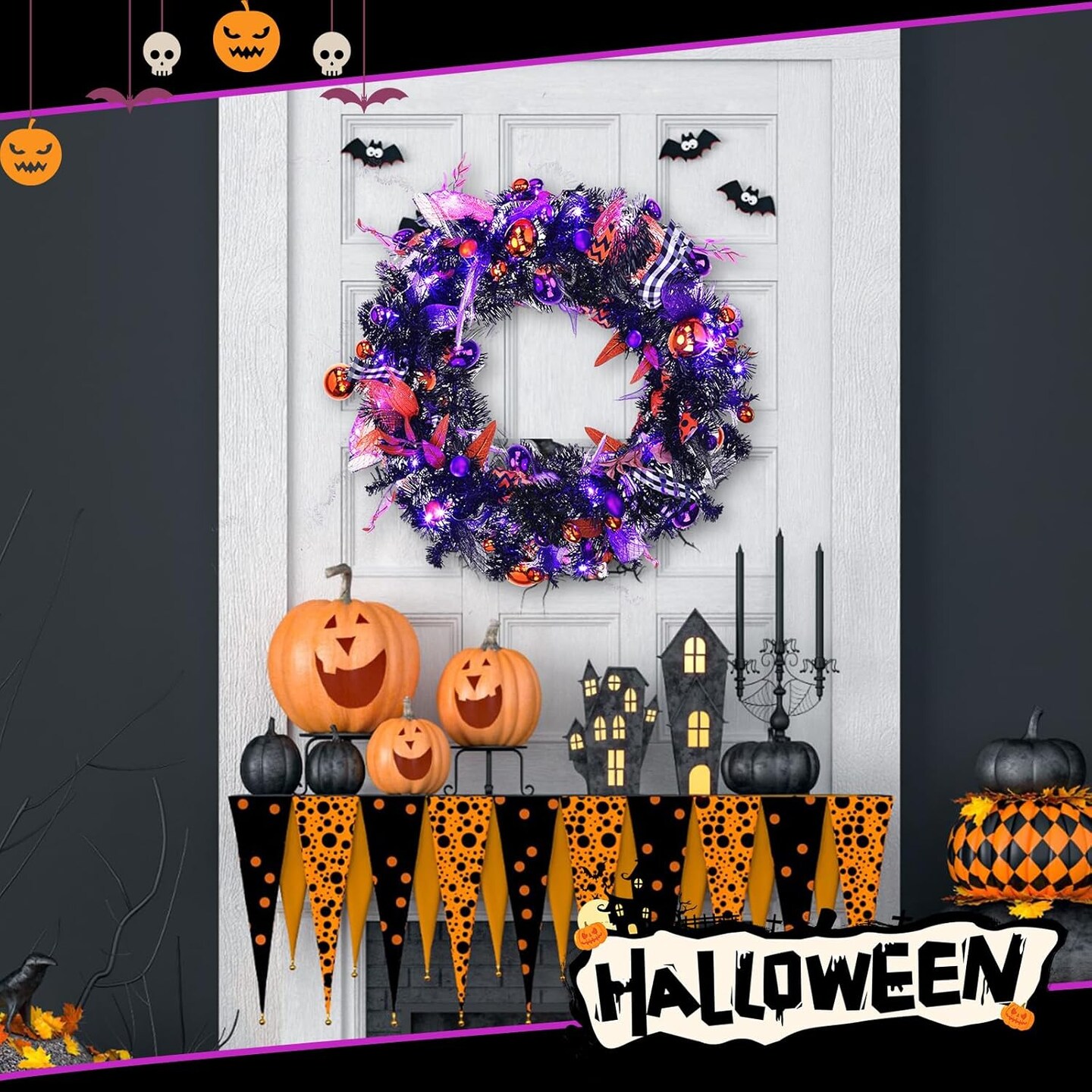 LED Mixed Ball Garland Hanging Rustic Halloween Garland String for Mantel Kitchen Fireplace Wall Window Home Indoor Outdoor Halloween Decor