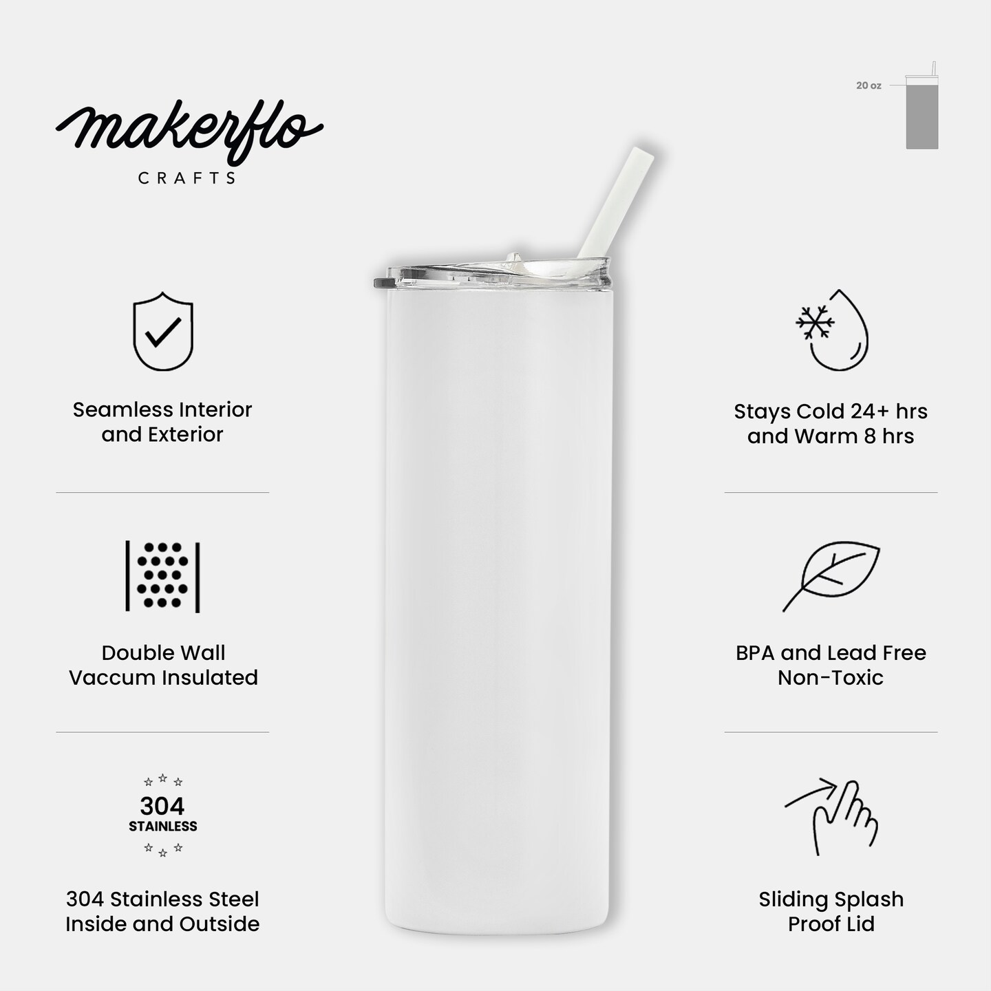 makerflo 20 oz Skinny Powder Coated Tumbler, Stainless Steel Insulated Travel Tumbler Mug with Splash Proof Lid & Straw, for Tea, Wine, Water, Hot Cold Drink, For Personalized DIY Gifts