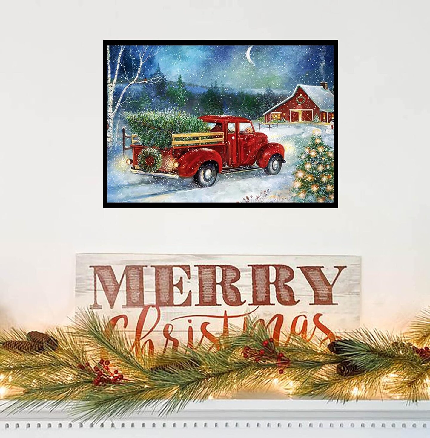 Winter Diamond Art Kit for Adults,Red Truck 5D Paint with Diamond Full Drill for Parents-Children Interrction,Wall Decor(12x16) (Snowy Night)