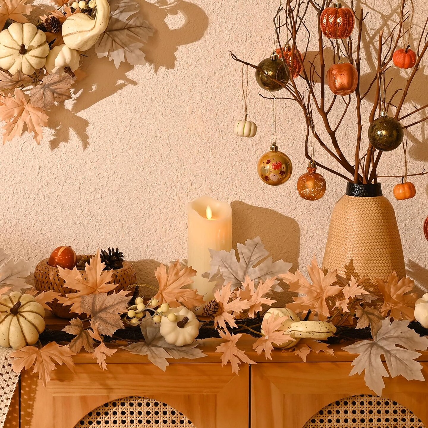 6 ft Artificial Autumn Leaves Garlands with Pumpkin Maple Leaves for Mantle Table Fireplace Wall Outdoor Harvest Thanksgiving Decor