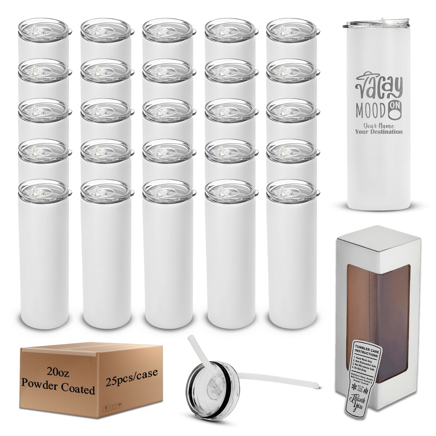 makerflo 20 oz Skinny Powder Coated Tumbler, Stainless Steel Insulated Travel Tumbler Mug with Splash Proof Lid & Straw, for Tea, Wine, Water, Hot Cold Drink, For Personalized DIY Gifts