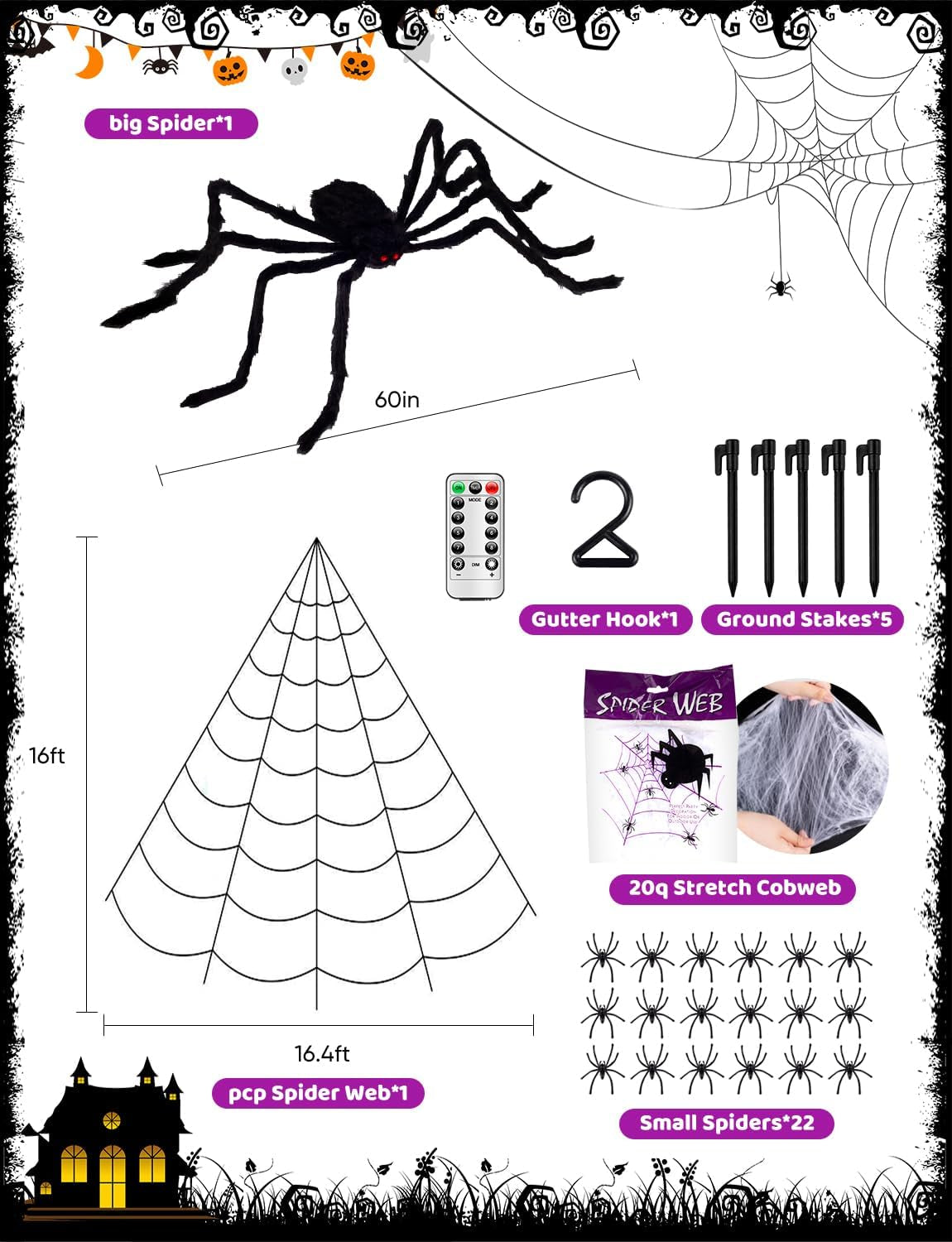 Spider Webs Halloween Decorations Lights - 250 Leds 16.4Ft Outdoor Battery Operated String Purple Halloween Lights with 8 Modes Remote Control Spiderweb,60&#x22; Large Spider,Waterproof (Purple)