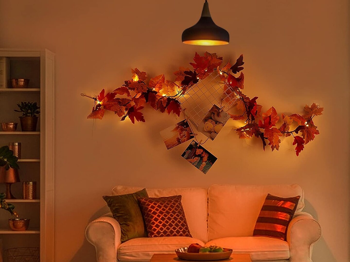 Thanksgiving Decor for Table,Artificial Maple Leaves Garlands with Lights, Autumn Wall Hanging Maple Leaf Decoration for Indoor Outdoor 1Pcs /Red