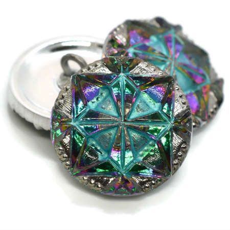 18mm Gem Button Vitrail Green with Sea Green and Silver Accents - Czech Glass Buttons