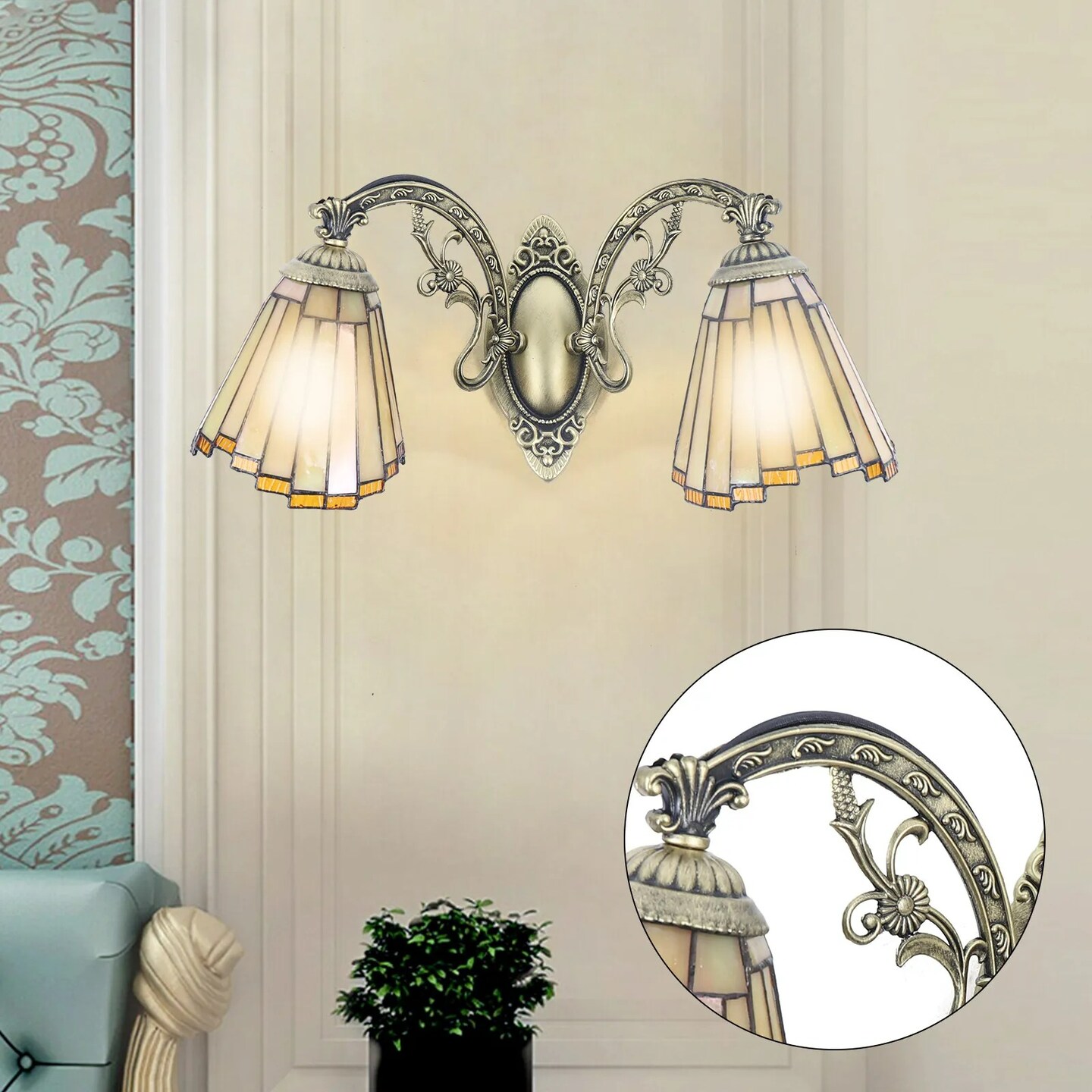 Antique Tiffany Bathroom Vanity 2-Light Vintage Stained Glass Wall Light Fixture