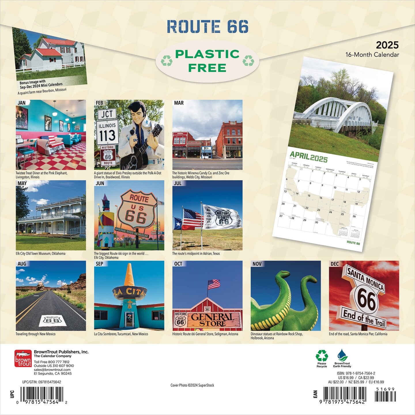 Route 66 | 2025 12 x 24 Inch Monthly Square Wall Calendar | Plastic-Free | BrownTrout | USA United States of America Scenic Rural