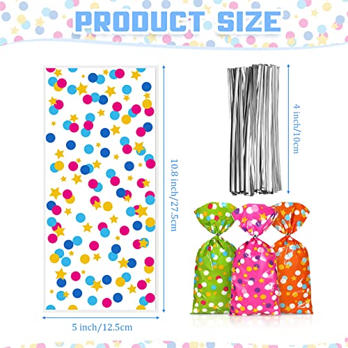 100 Pieces Cellophane Treat Bags, Polka Dots Goodie Bags Star Party Favor Candy Bags with 100 Twist Ties Rainbow Stars Theme for Birthday Baby Shower Pride Day School Supplies (Dot Style)