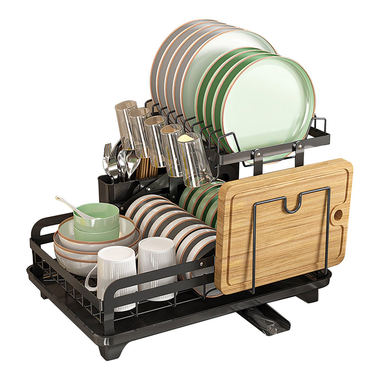 2-Tier Metal Dish Drying Rack With Drain Board 360-Degree Rotatable Anti-Rust Coating No Installation Needed Kitchen