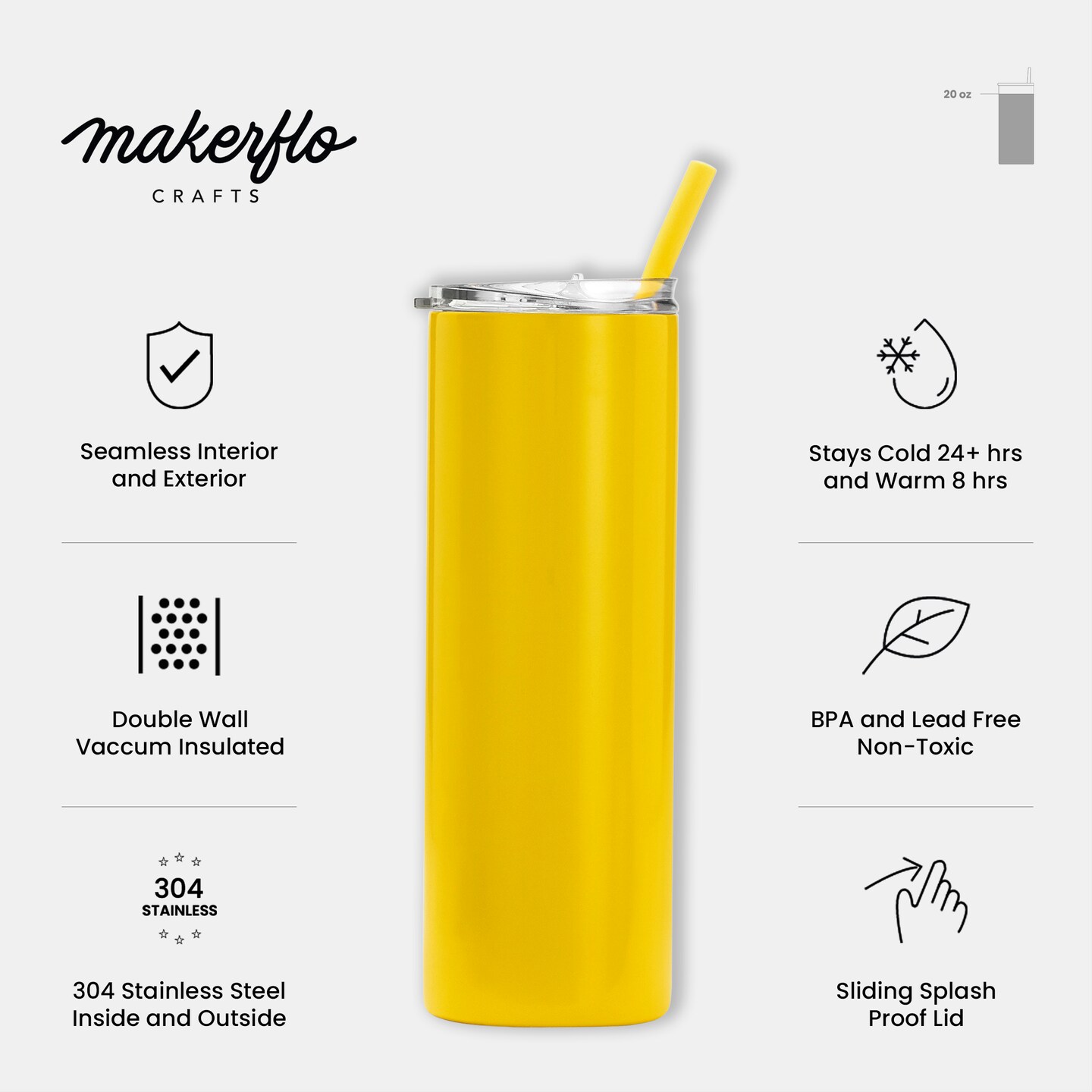 Makerflo 20 oz Skinny Powder Coated Tumbler with Lid and Straw | Craft-Ready for DIY Gifts &#x26; Personalization (Laser Engravable, UV DTF, Epoxy, Vinyl) - Not for Sublimation and DTF